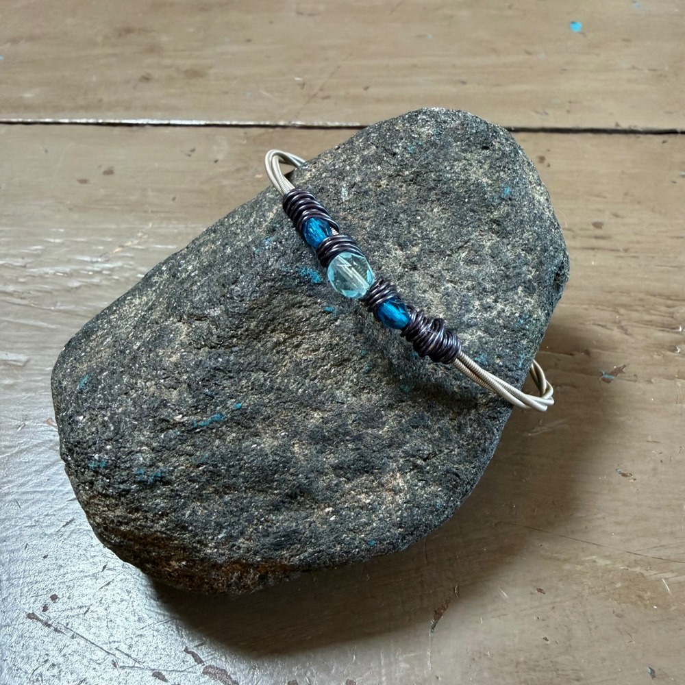Handmade Guitar String Bangle Bracelet Blue Crystal Wire Wrapped Upcycle Jewelry
